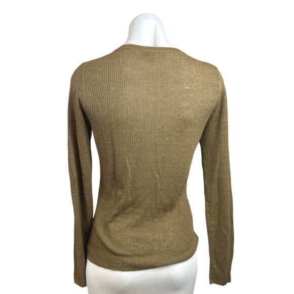 Nili Lotan 100% Linen Tan Ribbed Knit Long Sleeve Henley Sweater Top Size S - Picture 2 of 4